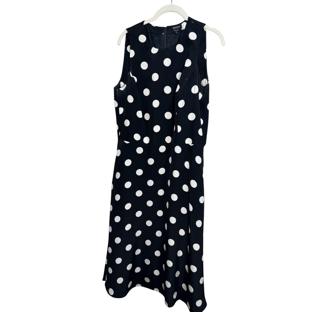 Worth New York Dress Womens 10 Black White Polka Dot Silk Belted Midi Fit Flare